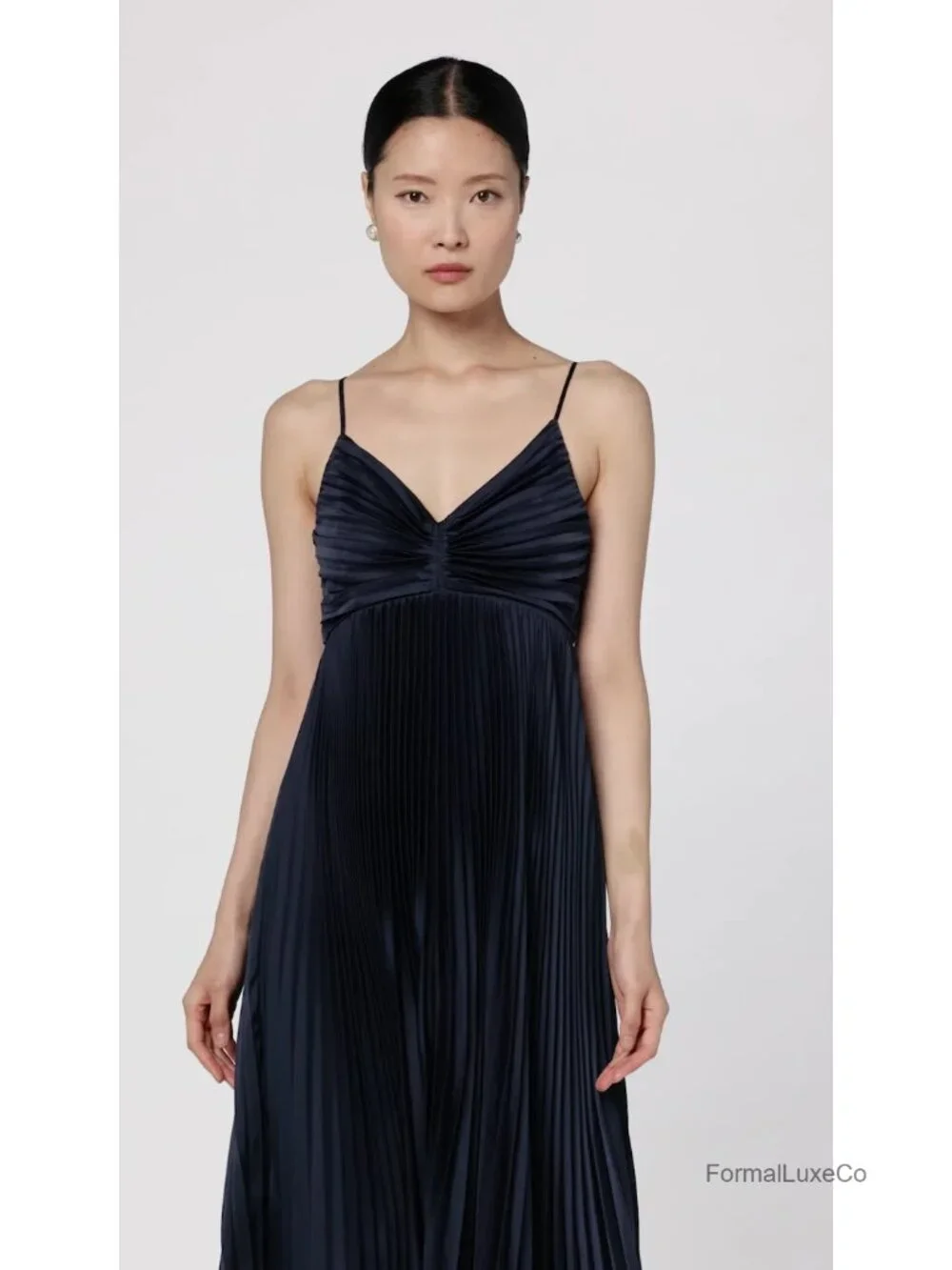 Pleated Satin A-Line Midi Dress Sleeveless V-Neck One Shoulder Back